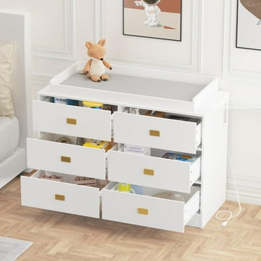 Maritcute 6-Drawer Baby Changing Table Dresser - Nursery Chest with Removable Changing Top, Changing Pad, and Built-in Power Outlets,White