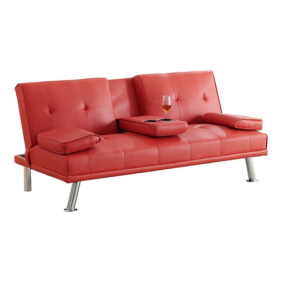 Maritcute 67-Inch Convertible Sofa Bed Modern Faux Leather Upholstered Sofa Bed With Cup Holders Table, Adjustable Two-Seater Sofa, Armrests And Backrest Supports