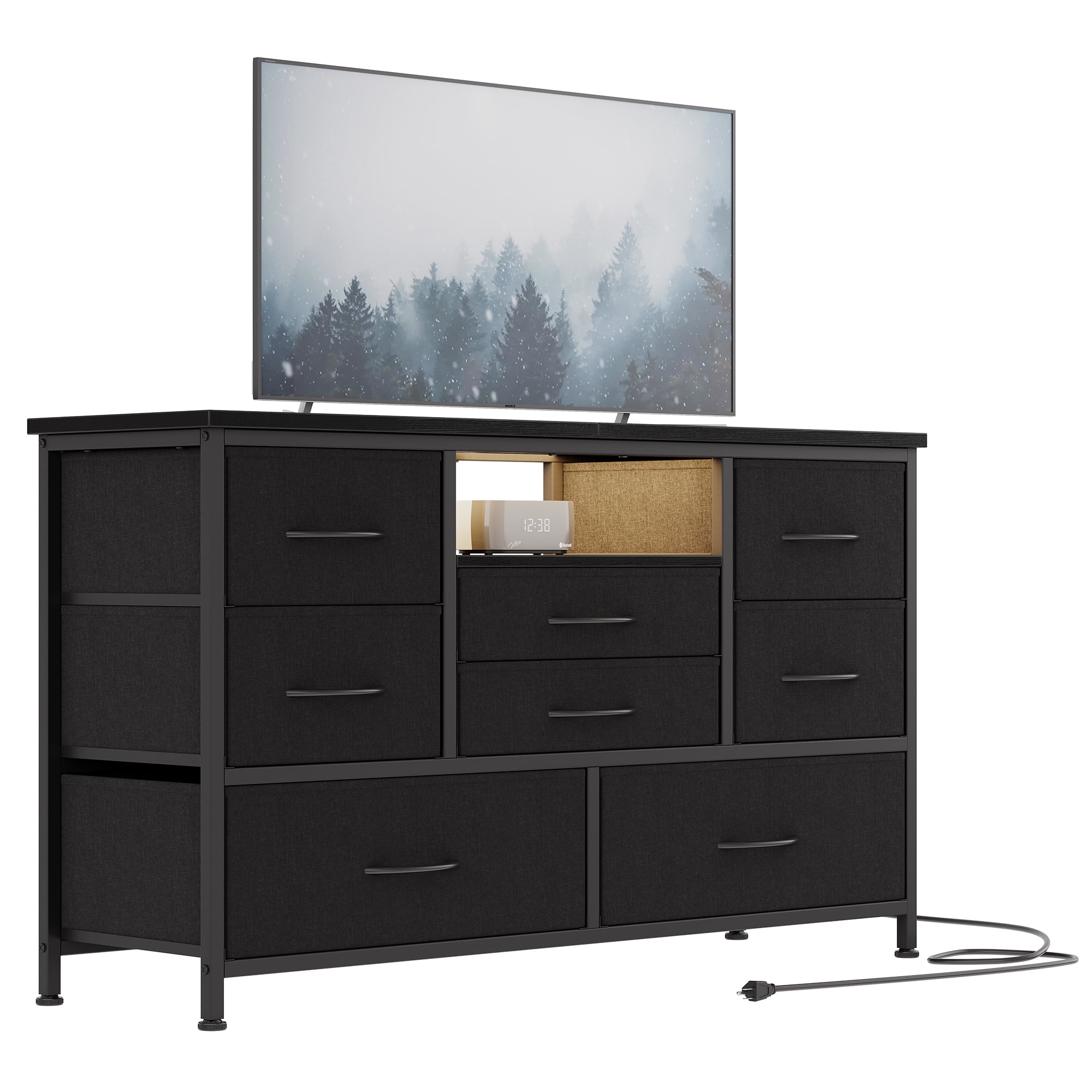 Black Fabric 8-Drawer TV Stand with Power Outlet and LED Lighting
