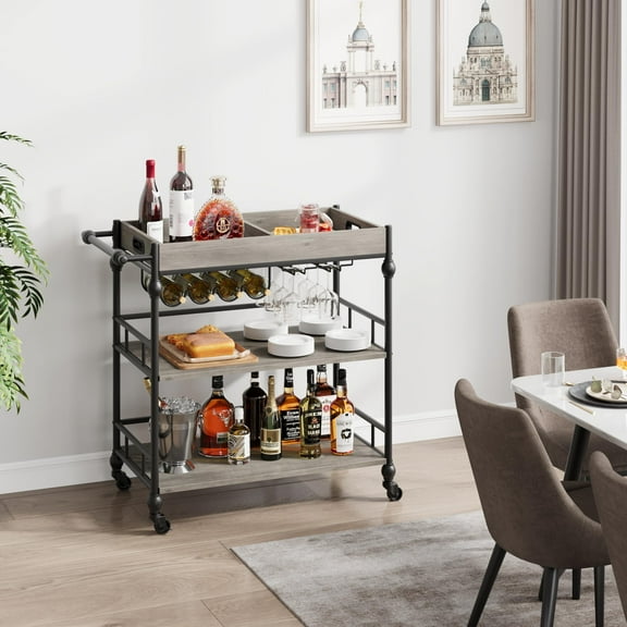 Maritcute Bar Cart, Bar Carts for The Home, 3 Tier Bar Cart with Wheels, Portable Home Bar & Serving Carts, Rolling Cart with Wine Rack and Removable Tray for Living Room, Kitchen, Dining Room