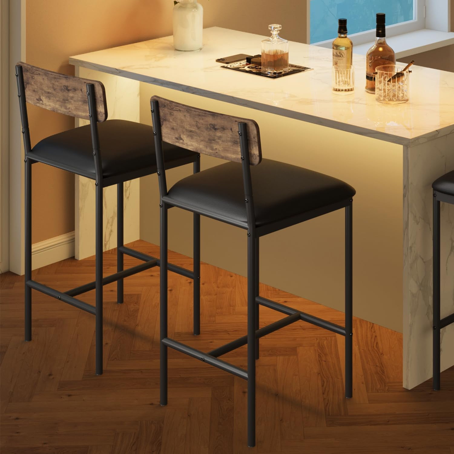 Maritcute Bar Stools Set of 2, Kitchen Bar Stools with Footrest, PU Upholstered Counter Height Barstools, Bar Chairs with Back for Kitchen Island, Apartment, Counter Bar, Easy Assembly