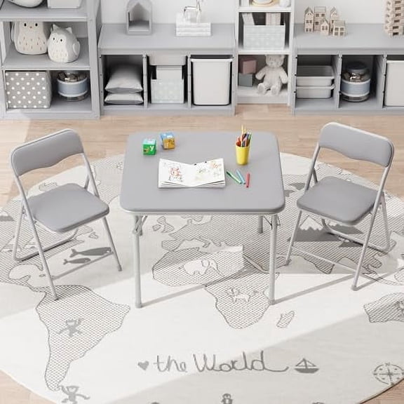Maritcute Boys and Girls Folding Table and Chairs Set of 3, Portable Table and Chair with Pu Soft Cushion, No Installation Required, Suitable for Eating, Reading and Playing
