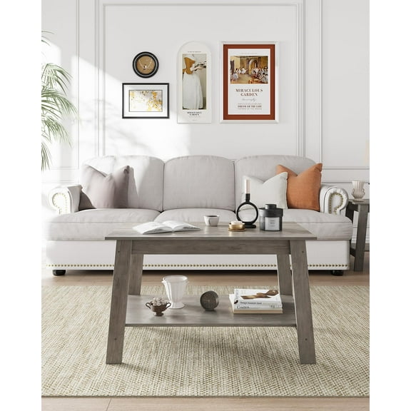 Maritcute Coffee Table, 31.49'' Small Living Room Tables, 2-Tie Rustic Wood Tables for Living Room, Outdoors, Home Office, Bedroom, Apartment, Modern Industrial Style Rectangular Wood Table, Grey