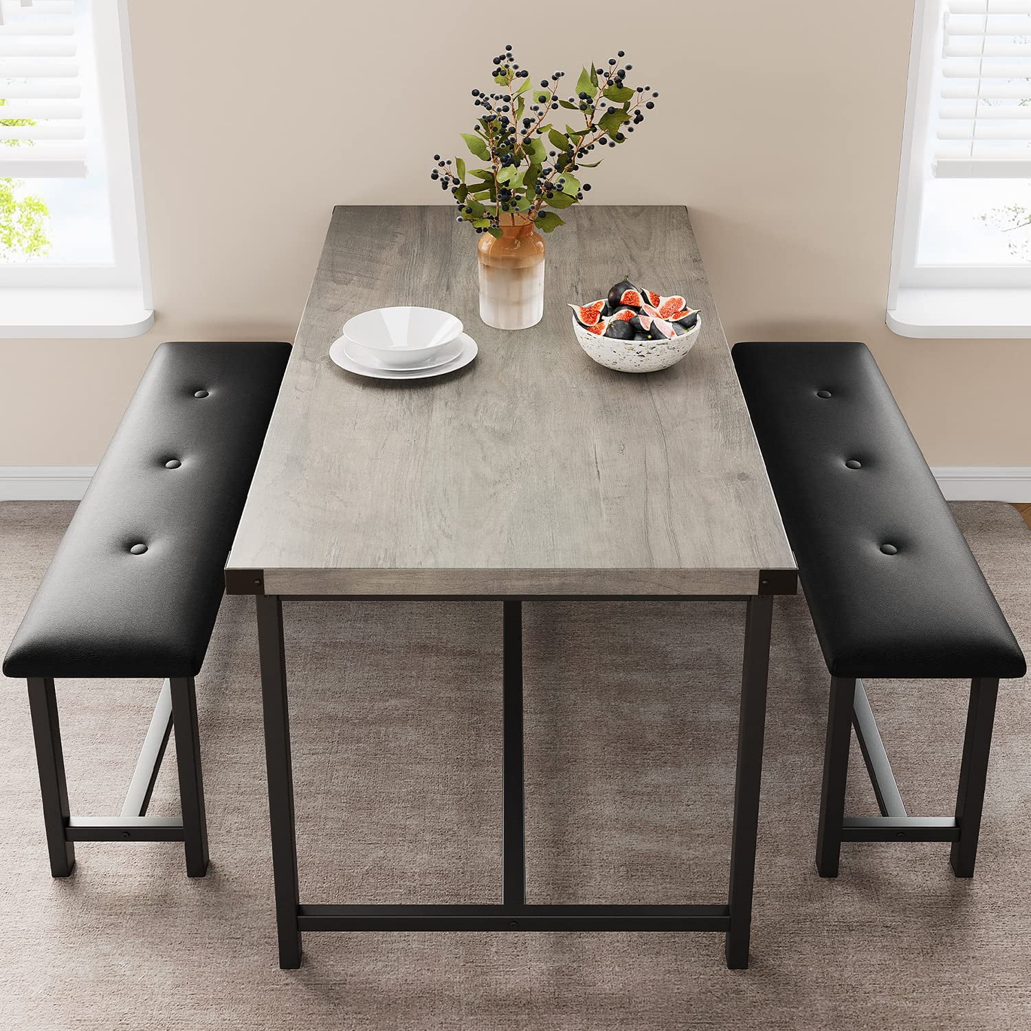 Picture of Maritcute Dining Table Set for Four with Upholstered Benches. Space ...