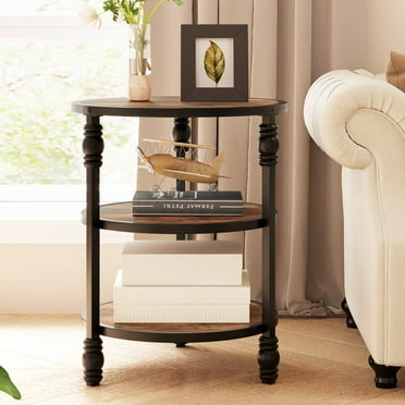 Maritcute End Table 3-Tier Round Side Table Living Room Accent Table with Storage Shelf and Metal Industrial Wood Bed Side Table/Night Stand ,Rustic Brown