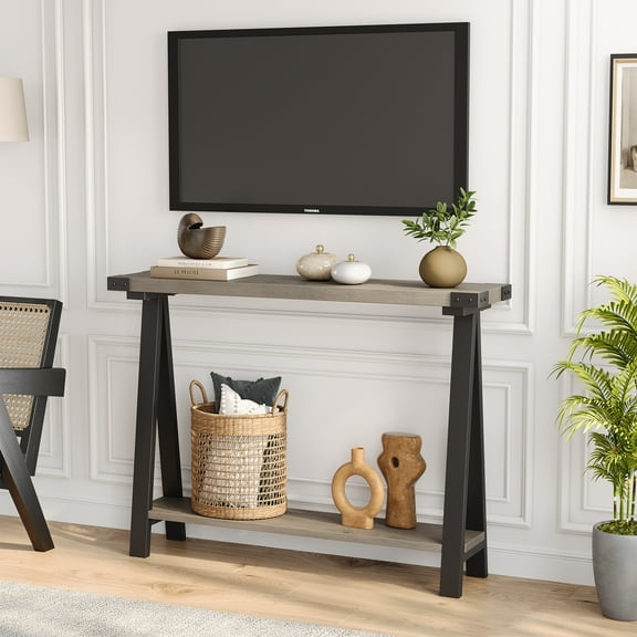 Maritcute Farmhouse Console Table, 43.3" Entryway Table with Storage,2 Tier Sofa Table with Metal Frame and MDF, Behind Couch Table for Living Room,Hallway, Entryway-Grey