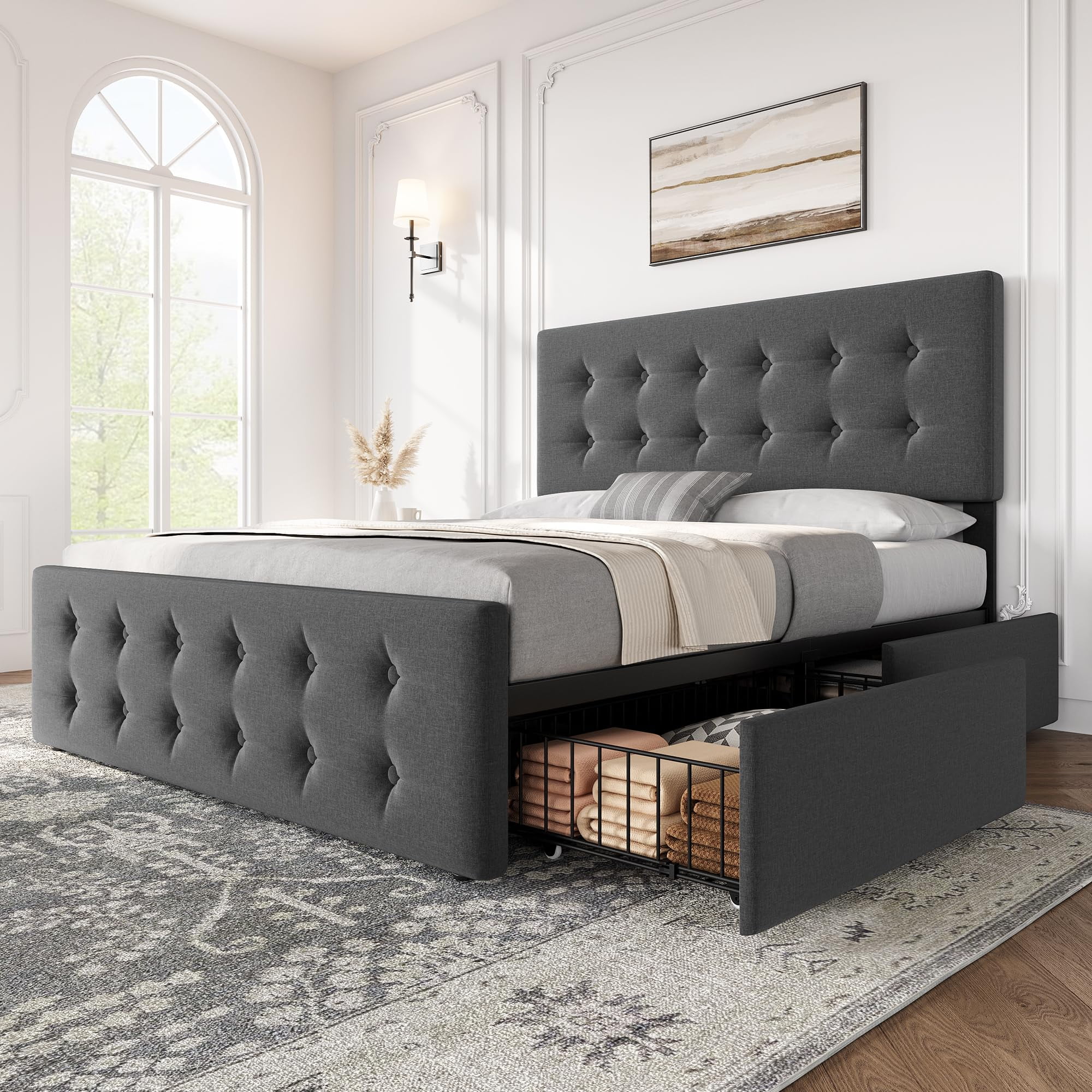 Maritcute Full Size Bed Frame with 4 Storage Drawers and Adjustable Headboard, Upholstered Mattress Foundation with Skin-Frienly Linen, No Box Spring Needed, Light Grey