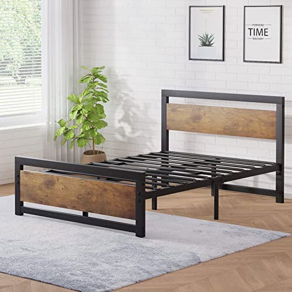 Maritcute Full Size Industrial Platform Bed Frame with Wood Headboard - Heavy Duty Slat Support, No Box Spring Needed
