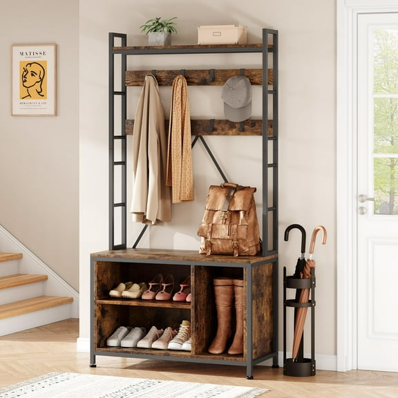 Maritcute Hall Tree with Bench 5 in 1 Coat Rack Freestanding Industrial Shoe Bench with 3 Storage Cubbies and 8 Hooks Entryway Coat Rack with Shoe Storage, Rustic Brown