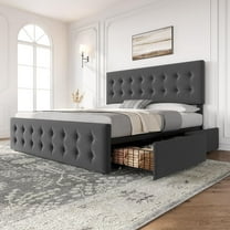 Maritcute King Size Bed Frame with 4 Storage Drawers and Adjustable Headboard, Upholstered Mattress Foundation with Skin-Frienly Linen, No Box Spring Needed, Dark Grey