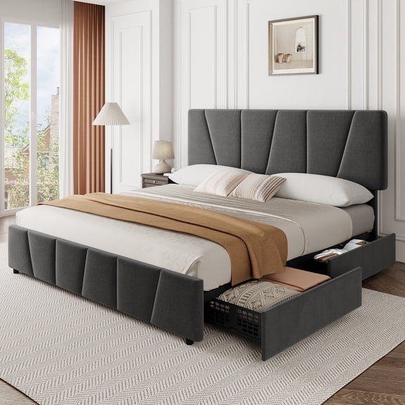 Maritcute King Size Bed Frame with 4 Storage Drawers and Headboard, Upholstered Platform Bed Frame with Wooden Slats Support, No Box Spring Needed, Dark Grey