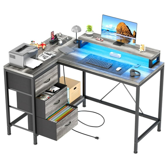 Maritcute L Shaped Desk with Power Outlets & LED Lights, Computer Desk with Drawers & Shelves, Corner Desk Gaming Desk Home Office Desk
