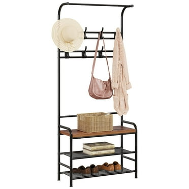 Maritcute Narrow Hall Tree Storage Bench for Entryway, Coat Rack Shoe Bench, 4-in-1 Coat Rack with Bench 3-Tier Storage Shelf and 8 Hooks, Coat Tree for Small Spaces, Entryway, Bedroom, Rustic Brown