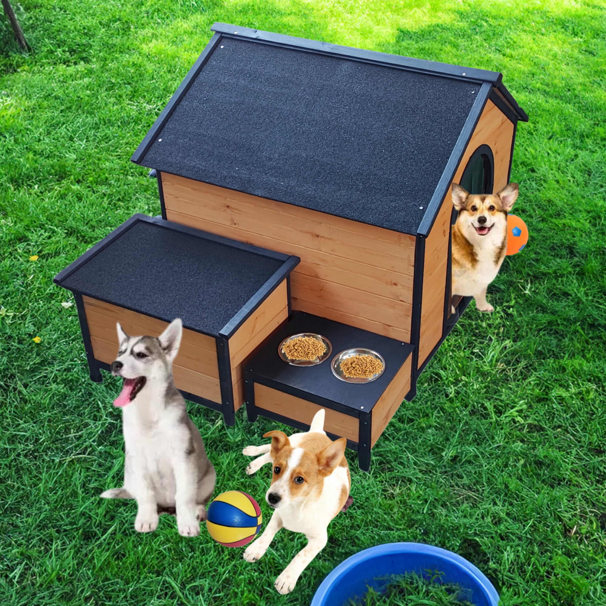 Maritcute Outdoor Dog House - Weatherproof Elevated Bed, Curtain, Bowls ... - Dog Playhouses With Overhead Storage