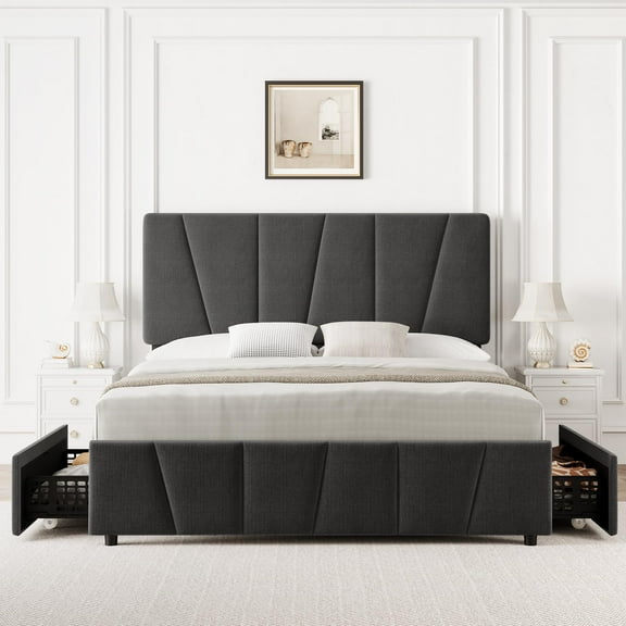 Maritcute Queen Size Bed Frame with Adjustable Headboard and 4 Storage Drawers, Upholstered Platform Bed Frame with Wooden Slats Support, No Box Spring Needed, Dark Grey