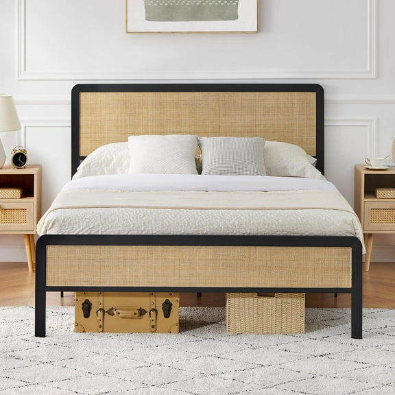 Maritcute Queen Size Rattan Headboard Bed Frame - Platform Style, Rounded Corners, Metal Slats, White Oak