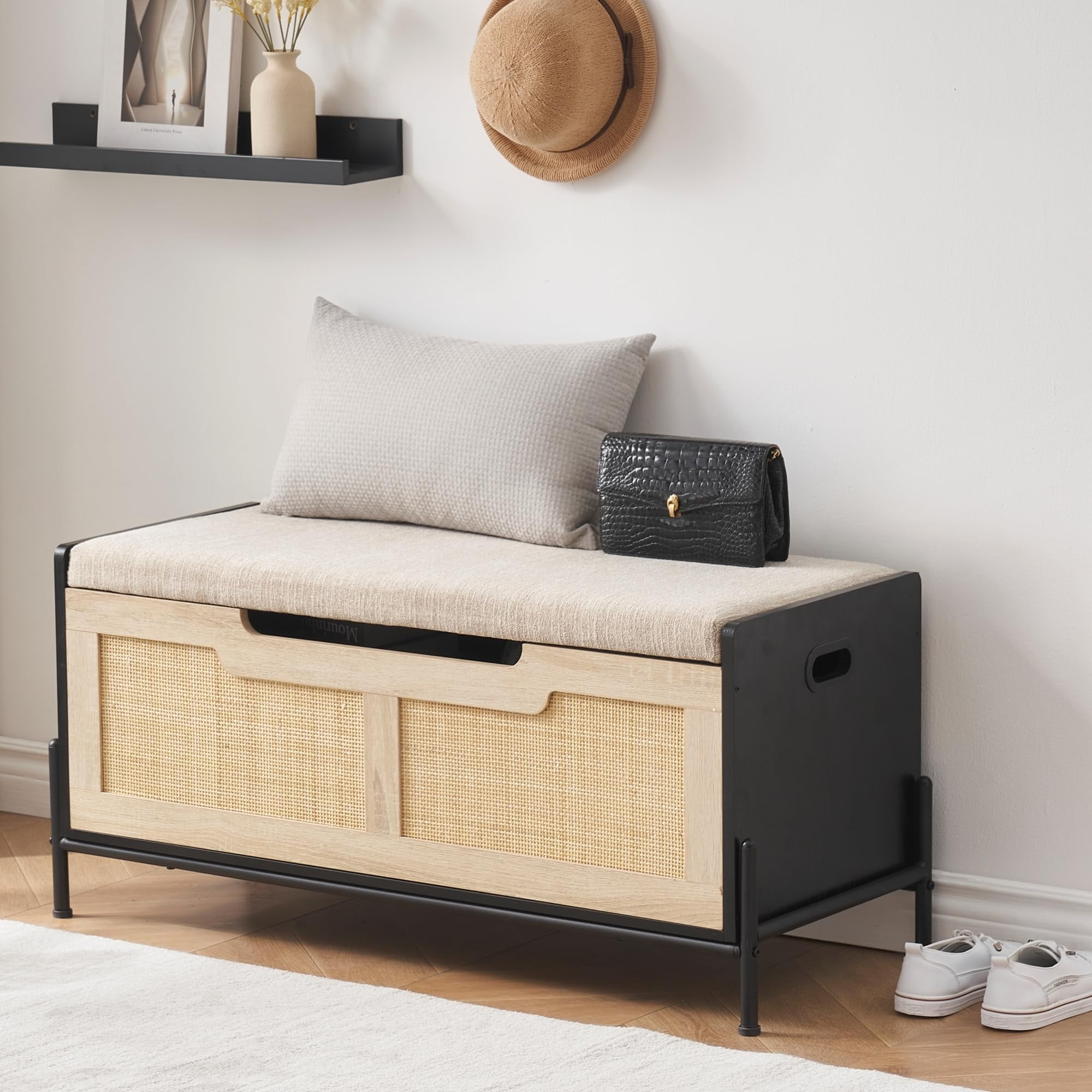 Black and Natural Rattan Storage Bench with Cushion