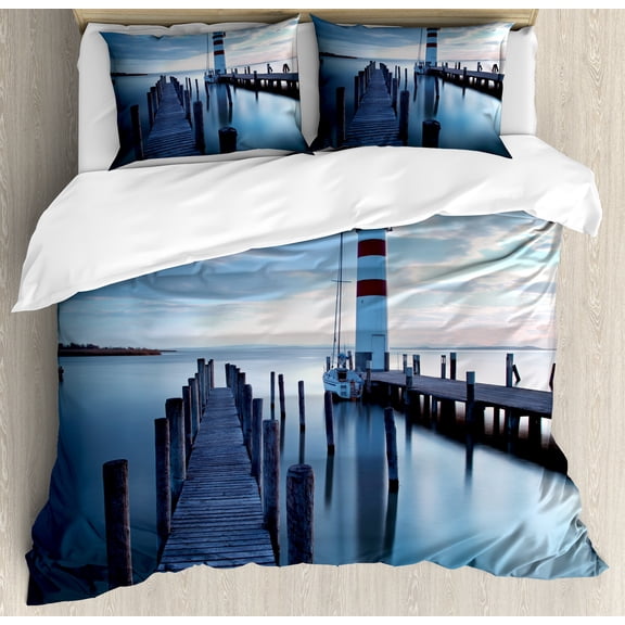 Maritime Duvet Cover Set, Calm Ocean at Sunrise Wooden Rustic Pier and Lighthouse Picture, Decorative 3 Piece Bedding Set with 2 Pillow Shams, Queen Size, Dark Brown Slate Blue, by Ambesonne