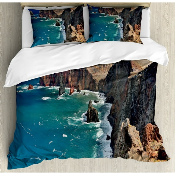 Maritime Duvet Cover Set, Northern Coastline in Portugal Cliffs and Wavy Sea Panorama Photo, Decorative 3 Piece Bedding Set with 2 Pillow Shams, Queen Size, Warm Taupe Petrol Blue, by Ambesonne