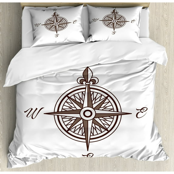 Maritime Duvet Cover Set, Vintage Nautical Compass Design Retro Windrose with Letters Geography Art, Decorative 3 Piece Bedding Set with 2 Pillow Shams, King Size, Taupe and White, by Ambesonne