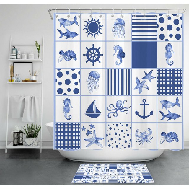 Maritime Elegance Blue Anchor Shower Curtain for Coastal Bathroom