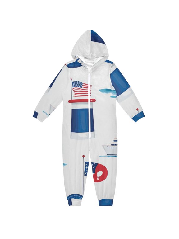 Maritime Elements Design One Piece Pajamas Soft Jumpsuit Cozy Sleep and Play Romper Zipper and Pockets 9-11Y