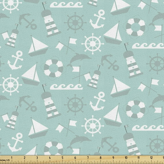 Ambesonne Maritime Fabric by the Yard Upholstery, Anker Boat Waves Dolphin, 10 Yards, Almond Green Sea Green