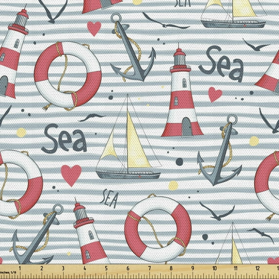 Ambesonne Maritime Fabric by the Yard Upholstery, Anchor Ship Heart, 10 Yards, Pale Teal Coral Cream