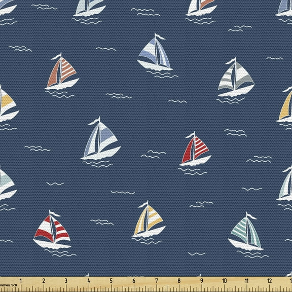 Ambesonne Maritime Fabric by the Yard Upholstery, Minimal Colorful Sailboats, 2 Yards, Dark Sky Blue Multicolor