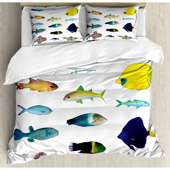 Maritime King Size Duvet Cover Set, Marine Life Creatures with Cardinalfish Clownfish Stingray Exotic Fauna Sea Theme, Decorative 3 Piece Bedding Set with 2 Pillow Shams, Multicolor, by Ambesonne