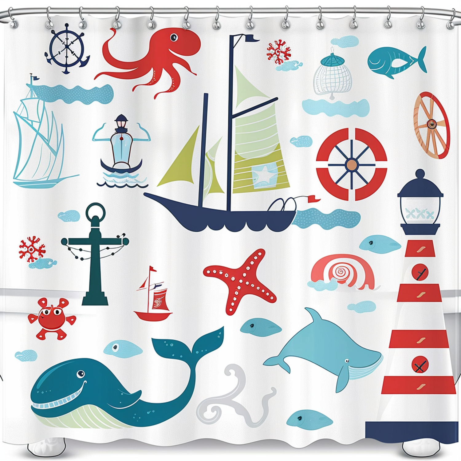 Maritime Magic Vibrant Nautical Shower Curtain with Whales Octopuses