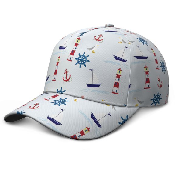 Maritime Marine Baseball Cap – Lighthouse, Sail, Helm, Anchor, Compass, and Ocean Print Hat for Nautical Summer Beach Dad Hat Men Women