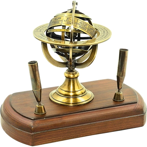 Maritime Nautical Armillary Sphere Globe Pen Stand Astrolabe Zodiac Engraved Celestial Globe Wooden Base | Celestial Globe with Zodiac Engravings Pen Holder