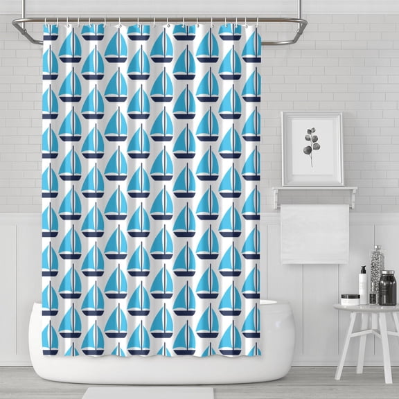 Maritime Nautical Shower Curtain - Sailor & Ship Design with Anchor, Helm & Rudder Motif - 72x72 Inch Waterproof, Machine Washable Bath Curtain - Includes 12 Hooks for Easy Installation