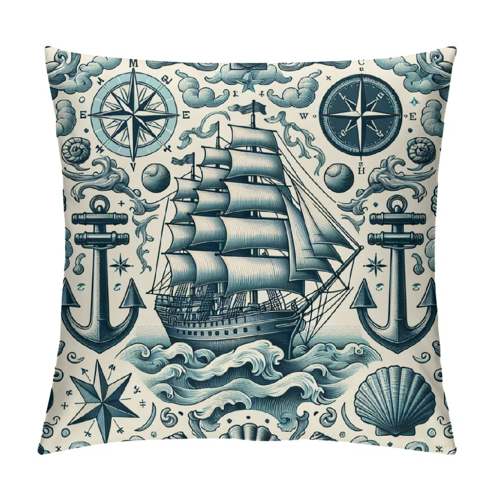 Maritime Navigation Pillow Covers ，Ocean Theme Throw Cushion Covers