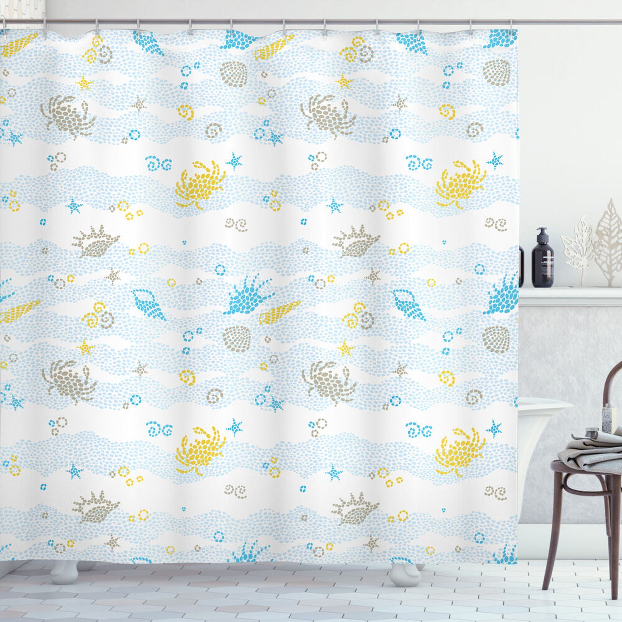 Maritime Shower Curtain Crabs and Seashells Print for Bathroom
