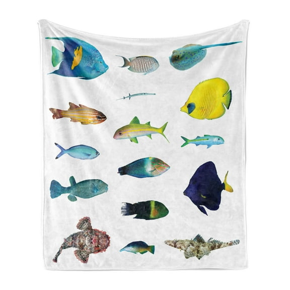 Maritime Soft Flannel Fleece Blanket, Marine Life Creatures with Cardinalfish Clownfish Stingray Exotic Fauna Sea Theme, Cozy Plush for Indoor and Outdoor Use, 50" x 60", Multicolor, by Ambesonne