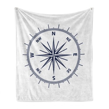 Maritime Soft Flannel Fleece Blanket, Monochromatic Design of Windrose Compass Adventure Simple Graphic Print, Cozy Plush for Indoor and Outdoor Use, 50" x 70", Navy Blue and White, by Ambesonne