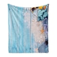 thumbnail image 1 of Maritime Soft Flannel Fleece Blanket, Swimming Clothes Shells Sands and Glasses on Painting Wooden Planks, Cozy Plush for Indoor and Outdoor Use, 50" x 70", Sky Blue and Multicolor, by Ambesonne, 1 of 6