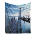 thumbnail image 1 of Maritime Soft Flannel Fleece Throw Blanket, Calm Ocean at Sunrise Wooden Rustic Pier and Lighthouse Picture, Cozy Plush for Indoor and Outdoor Use, 60" x 80", Dark Brown Slate Blue, by Ambesonne, 1 of 6