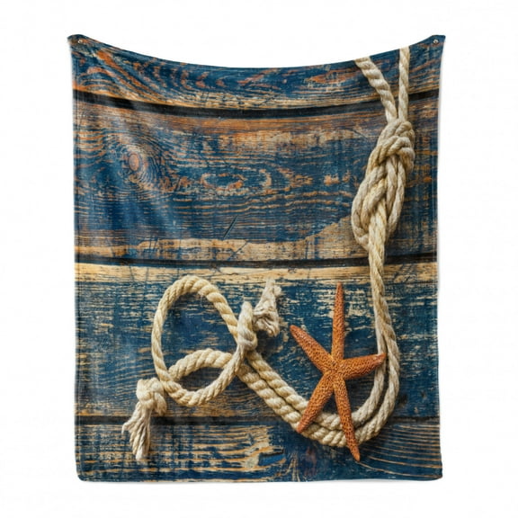 Maritime Soft Flannel Fleece Throw Blanket, Marine Rope and Starfish on Old Wooden Planks Backdrop Picture, Cozy Plush for Indoor and Outdoor Use, 50" x 70", Night Blue Amber, by Ambesonne