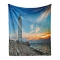 thumbnail image 1 of Maritime Soft Flannel Fleece Throw Blanket, Seascape Photo of Lighthouse at Sunset with Tangerine Horizon Print, Cozy Plush for Indoor and Outdoor Use, 50" x 70", Azure Blue Multicolor, by Ambesonne, 1 of 5
