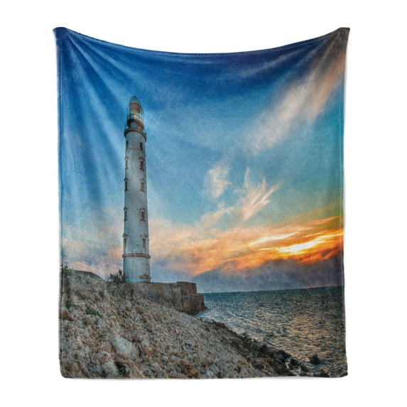 Maritime Soft Flannel Fleece Throw Blanket, Seascape Photo of Lighthouse at Sunset with Tangerine Horizon Print, Cozy Plush for Indoor and Outdoor Use, 50" x 70", Azure Blue Multicolor, by Ambesonne