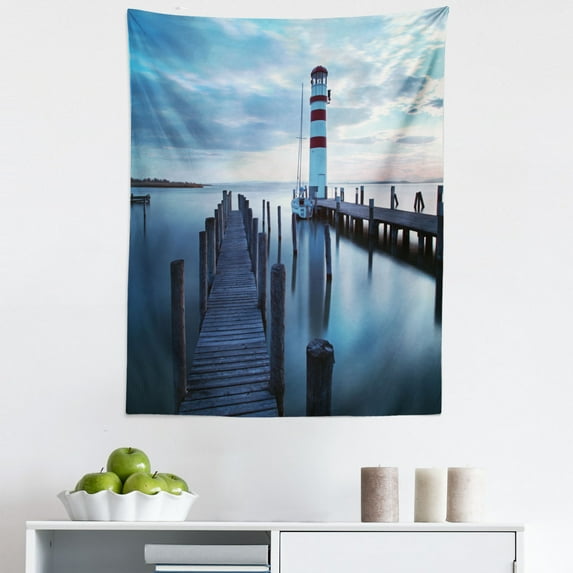 Maritime Tapestry, Calm Ocean at Sunrise Wooden Rustic Pier and Lighthouse Picture, Fabric Wall Hanging Decor for Bedroom Living Room Dorm, 5 Sizes, Dark Brown Slate Blue, by Ambesonne