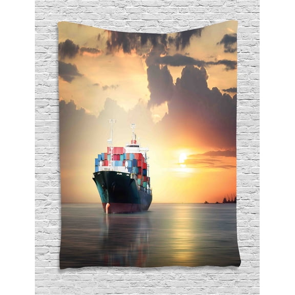 Maritime Tapestry, Container Shipping Cargo Ship in the Ocean on Smooth Water at Sunset Print, Wall Hanging for Bedroom Living Room Dorm Decor, 60W X 80L Inches, Multicolor, by Ambesonne