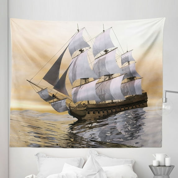 Maritime Tapestry, Ship Sailing on the Ocean with Full Sail Digital Computer Graphic Composition, Fabric Wall Hanging Decor for Bedroom Living Room Dorm, 5 Sizes, Multicolor, by Ambesonne