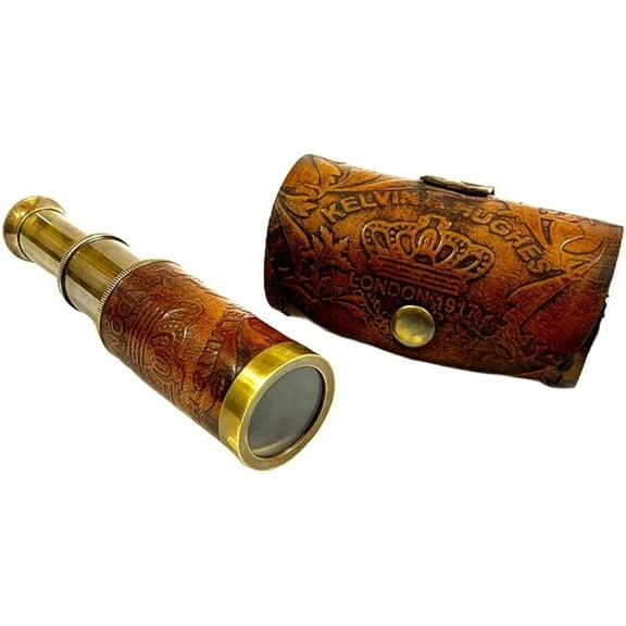 Maritime Treasures 6" Engraved Leather Brass Pocket Telescope, Nautical Pirate Spyglass Scope, Christmas Gift Décor
