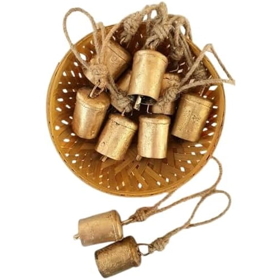 Maritime Treasures 70 pcs Vintage Antique Hanging Bells - Rustic Metal Handmade Lucky Cow Tin Tree Decoration with Rope - Perfect for Christmas or Any Celebration