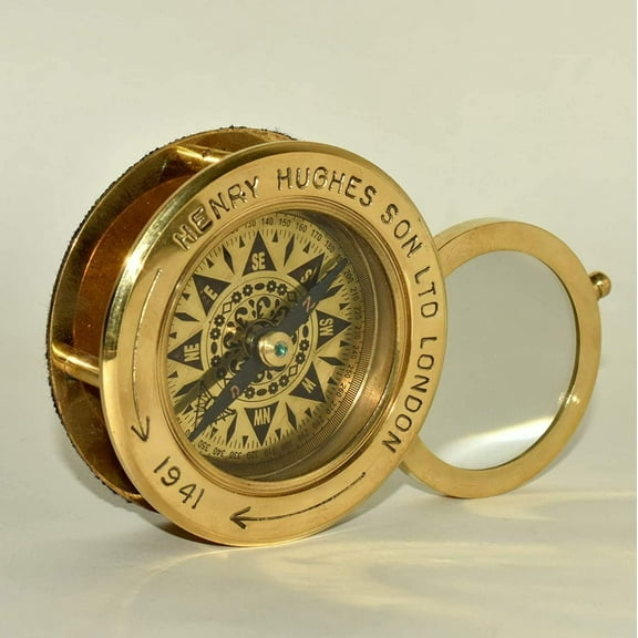 Maritime Treasures Antique-Nautic-Brass-Compas-Flip-Out-Magnified-Glass-Vintage-Table Top-Dcor