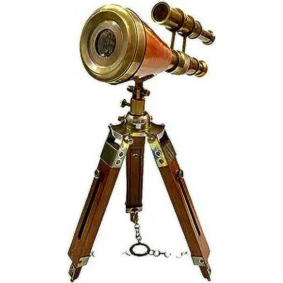 Maritime Treasures Antique Victorian Brass Leather Telescope Nautical Spyglass with Adjustable Wooden Tripod Stand